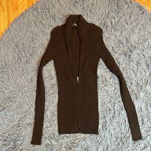 Essendi Dark Brown Ribbed Silk Full Zip Cardigan Sweater Size M